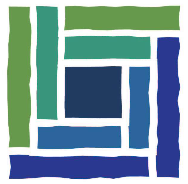 The Plattsburgh Cares Logo, a blue and green quilt square.